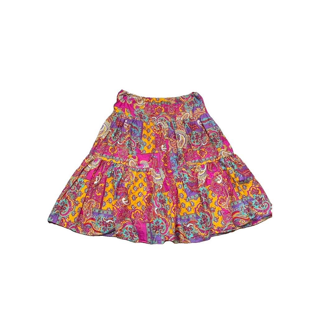 Ralp‎ Lauren Vintage Colorful Patchwork Paisley Bohemian Print Midi Skirt Size L